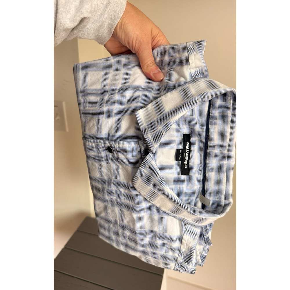 Men's XL Karl Lagerfeld short-sleeve, white blue‎ plaid cotton shirt snap button
